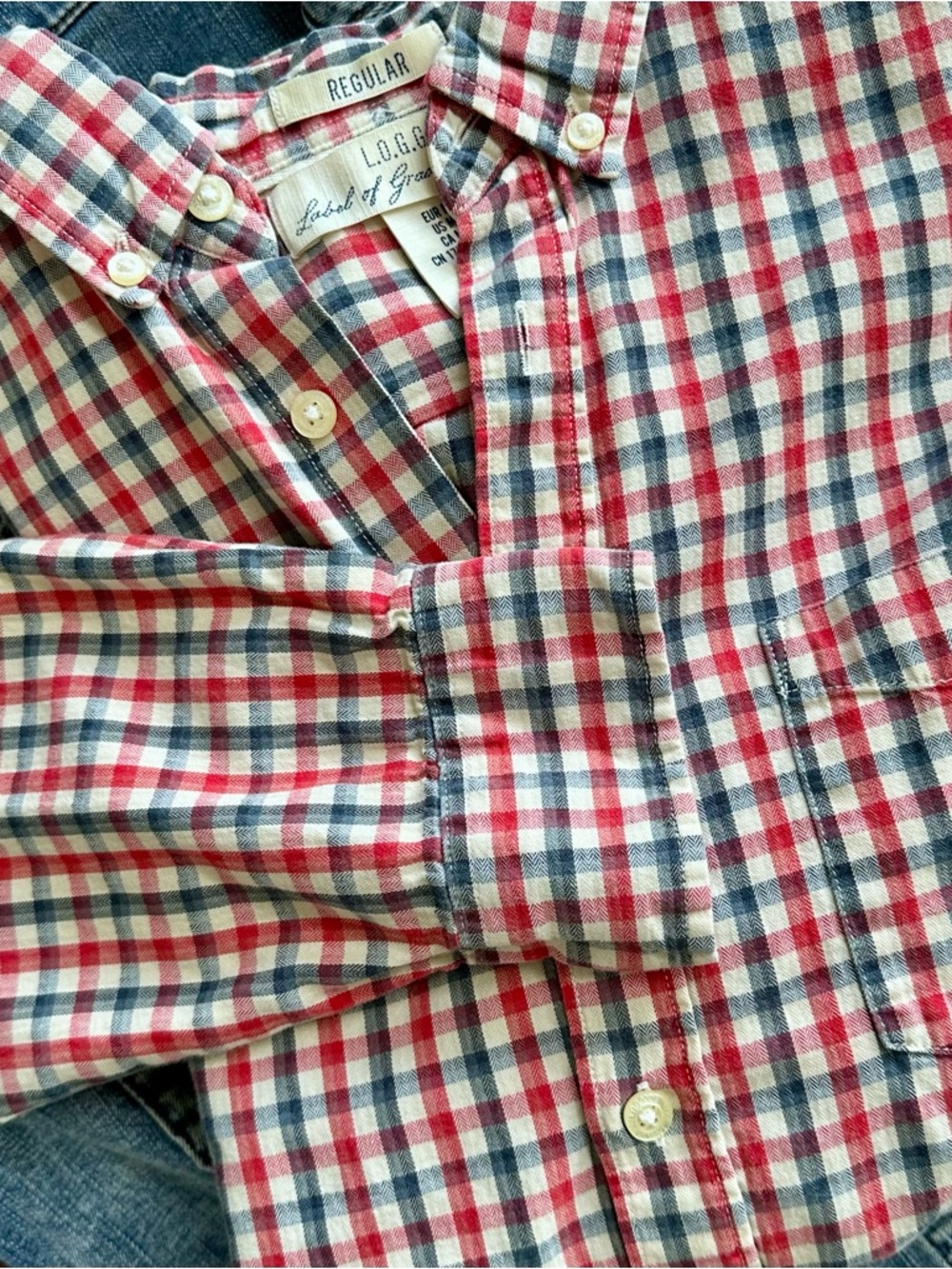 H&M L.O.G.G. Long Sleeve Red & Blue Check Button-Down Shirt Medium